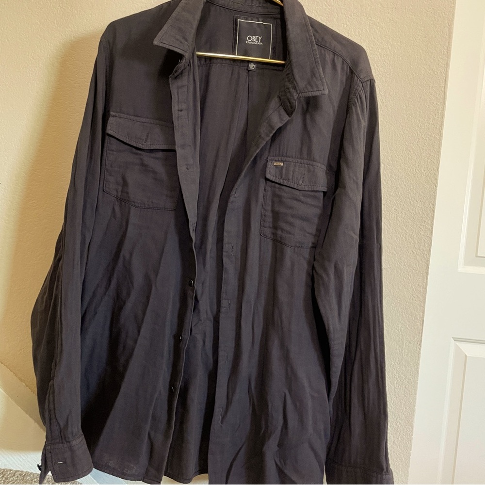 OBEY PROPAGANDA Long Sleeve Cotton soft Searsucker button down shirt
